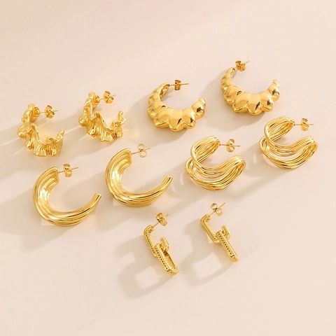 Boucles D'oreilles Créoles Épaisses En Forme De C En Acier Inoxydable Plaqué Or Design Français Géométrique Pour Femmes