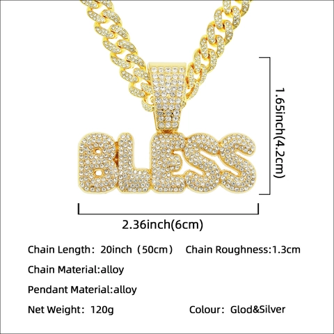 Iced Out BLESS Letter Pendant Necklace Alloy Rhinestone Cuban Chain Hip Hop Jewelry