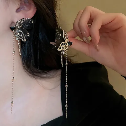Schmetterling Quasten Ohrringe Legierung Netzgewebe Herz Strass Silber Ohrstecker Lange Kette Elegante Hänger Für Damen