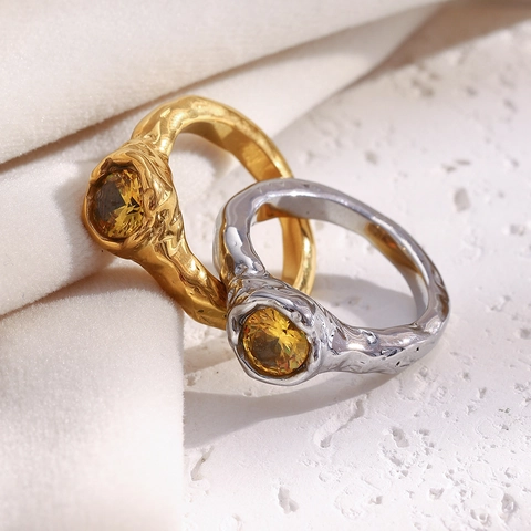 Stainless Steel Ring With Irregular Lava Texture Round Champagne Cubic Zirconia 18K Gold Plated Niche Minimalist Jewelry Women