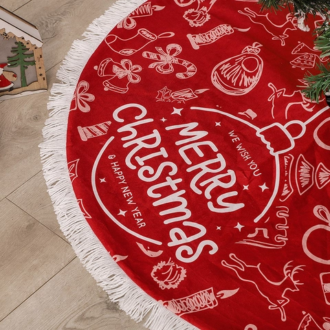 Weihnachtsbaumdecke Roter Stoff Mit Weißen Quasten Merry Christmas Bedruckt Weihnachtsbaum Basis Ornament Deko