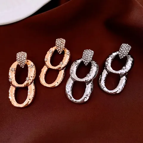 Gehamerde Dubbele In elkaar Grijpende Ring Hanger Oorbellen Met 925 Sterling Zilveren Oorsteker Strass Zirkonia Dames