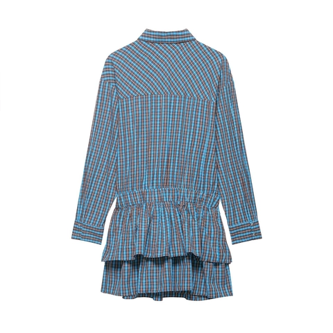 Plaid Long Sleeve Mini Shirt Dress Button Down Tiered Ruffle Hem With Belt Blue Brown Plaid Polyester Women