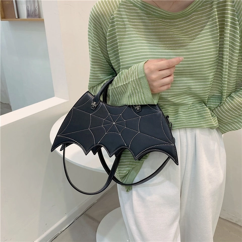 Damen Gothic Fledermaus Handtasche Spinnennetz Stickerei PU Leder Umhängetasche Halloween Party Punk Stil Schultertasche