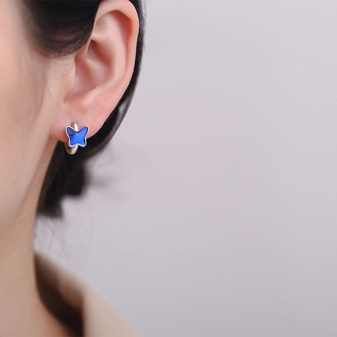 Pendientes de Aro Mariposa de Cobre Sofisticados Poste de Plata Diamante de Imitación Azul Accesorios Moda Joyería Mujer