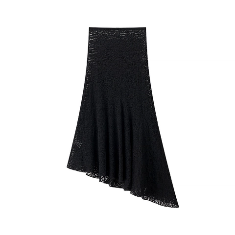 Falda Midi De Encaje Negro Con Dobladillo Irregular Asimétrica Sexy Transparente De Cintura Alta Elegante Para Fiesta