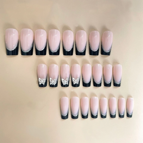 Handgemaakte Zwarte Franse Lange Trapezium Kunstnagels Met Zilveren Glitter Vlinder Ontwerp Modieuze Fake Nails Voor Vrouwen