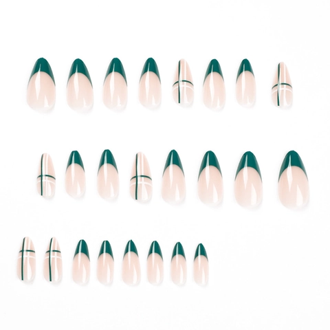 Unghie Finte A Pressione Mandorla Lucide Verde Scuro French Tip Linee Griglia Bianche Per Donna