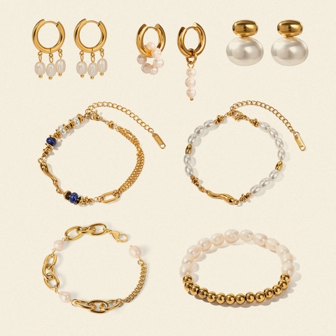 Edelstahl Schmuck 18K Vergoldet Künstliche Barockperle Wasserdicht Hypoallergen Ohrringe Armband Halskette Damen Stil