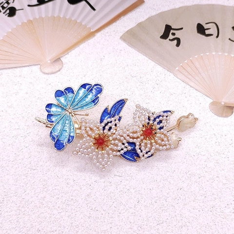 Molletta Per Capelli Vintage Farfalla Fiore Smalto Blu Lega Perla Artificial Stile Cinese Retrò Forcina Per Donne Accessorio