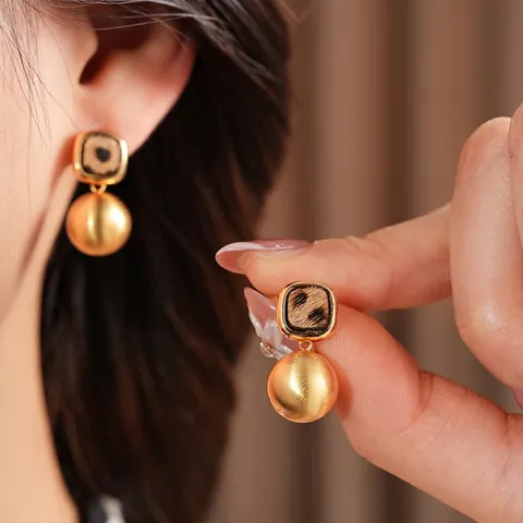 Vintage Geometric Square Leopard Print Faux Horsehair Drop Earrings With Gold Matte Ball And Silver Earring Post