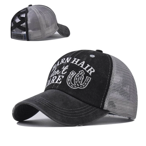 Dames Paardenstaart Honkbalpet Distressed Gewassen Katoen Mesh Trucker Hat Criss Cross Hoge Knot Borduurwerk Verstelbaar