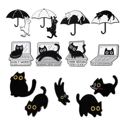 Divertente Cartone Animato Gatto Nero Smalto Pin Spilla Lega Di Zinco Novità Animale Distintivo Per Vestiti Borse IT Tech Support Umorismo Regali