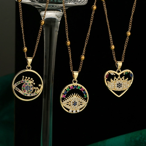 Evil Eye Pendant Necklace Copper Gold Plated Colorful Zircon Geometric Heart Fashion Jewelry For Women