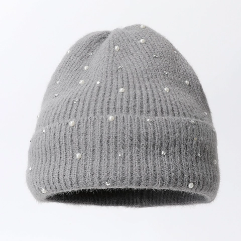 Strickmütze Beanie Mit Kunstperlen Und Strasssteinen Warm Gekrempelt Gerippt Flauschig Wintermütze Für Damen Mädchen