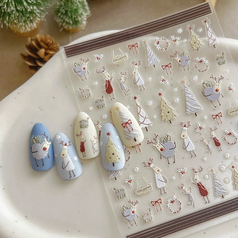 Autocollants Ongles 5D Relief Noël Renne Sapin Couronne Flocon De Neige Décoration Manucure Festive Pour Femmes YT3970