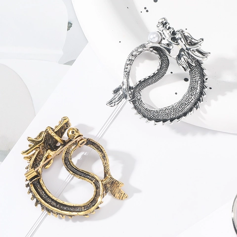 Vintage Zinc Alloy Dragon Brooch With Artificial Pearl Chinese Style Zodiac Dragon Totem Lapel Pin For Men Suit Jacket Accessory