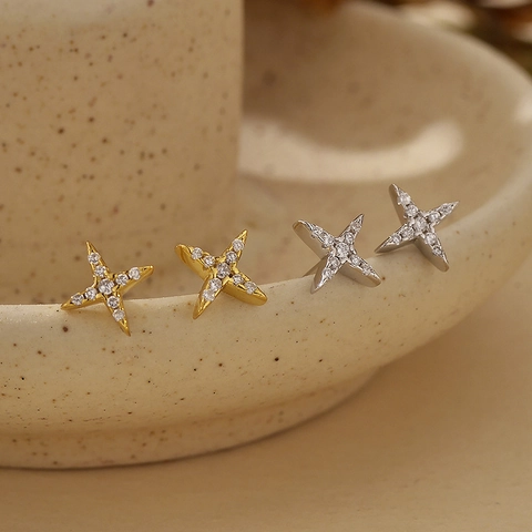 925 Argento Sterling Stella Croce Orecchini a Bottone Donna Piccoli Oro Argento Galvanico Strass Semplici Gioielli Moda Orecchino