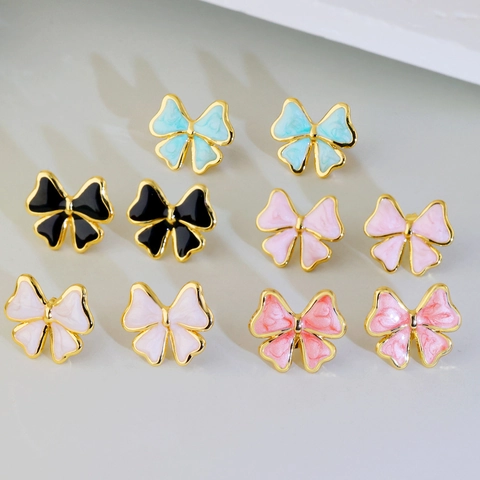 Pendientes De Botón Con Lazo Acero Inoxidable Chapado En Oro Esmalte Elegante Joyería Para Mujer