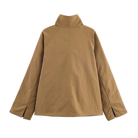Veste Coupe-vent Réversible à Col Montant pour Femme Décontractée Kaki Gris à Rayures Manteau Court Mode à Boutons et Poches