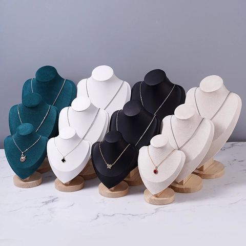 Necklace Display Stand Wood Base Velvet Jewelry Bust Portrait Neck Mannequin Professional Pendant Holder Organizer