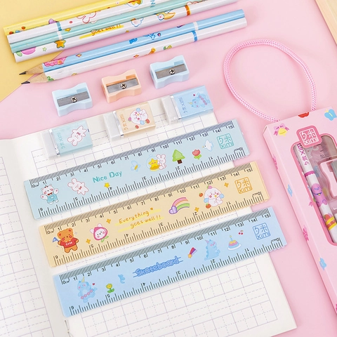 Portable Cartoon Stationery Gift Set With Pencils Ruler Eraser Sharpener School Supplies For Kids Birthday Party Favors