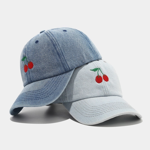 Vintage Denim Baumwolle Baseballkappe Für Damen Mit Kirschstickerei Verstellbare Outdoor Freizeit Sonnenmütze