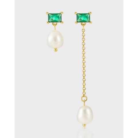 Asymmetrical Artificial Pearl Drop Earrings With 925 Sterling Silver Earring Post Zircon Rectangle Geometric Elegant For Women