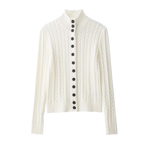 Women Cable Knit Cardigan Sweater High Neck Long Sleeve Button Down Casual Solid Color Polyester Knitwear Jacket