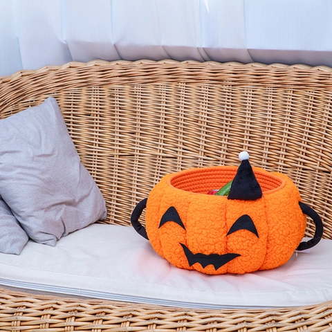Pumpkin Storage Basket Halloween Decoration Cotton Rope Woven Sherpa Lamb Wool Candy Desktop Organizer Portable