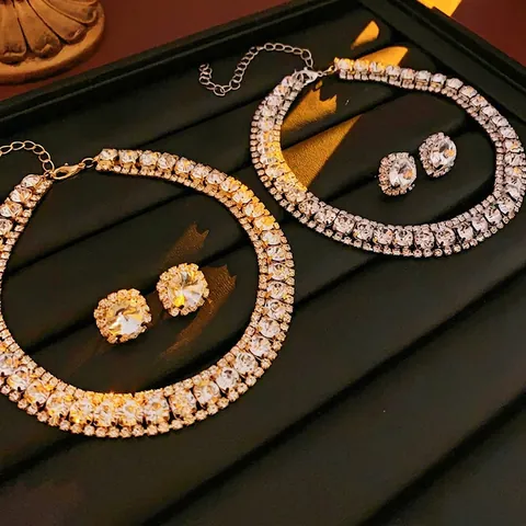 Collana Choker Con Strass A Doppia Fila E Orecchini A Lobo Quadrati Base In Rame Gioielli Di Lusso Per Donna Festa Elegante