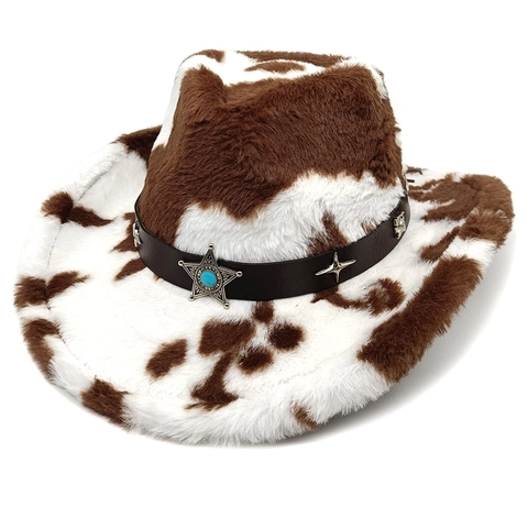 Chapeau De Cowboy Imprimé Vache Peluche Fausse Fourrure Style Western Bord Large Rivets Étoiles Bande Cuir