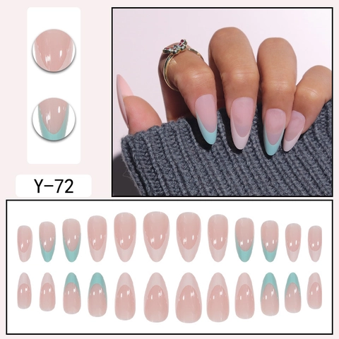French Press On Nails Long Almond False Nails Nude Pink Blue Tips Glossy Artificial Finger Nails For Women