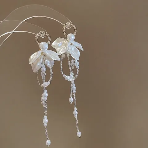 Boucles D'oreilles Longues À Pampilles En Künstliche Perles Avec Fleur En Strass Et Tige En Argent Bijoux Élégants De Style Français Pour Femmes