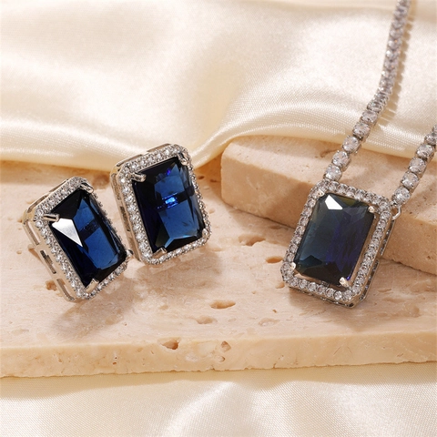 Luxury Rectangle Artificial Crystal Jewelry Set Alloy Inlaid Rhinestone Necklace Earrings For Women Fashion Jewelry Gift