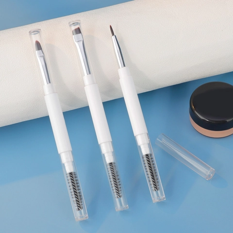 Dual Ended Makeup Brush With Spoolie Synthetic Fiber Silicone Lip Eyebrow Eyeliner Portable Tool With Caps