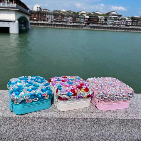 Portagioie Portatile Strass Künstliche Perle Finte Luccicante Custodia Da Viaggio Con Cerniera Specchio Lusso Per Orecchini