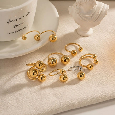Geometric Ball Open Rings Stainless Steel 18K Gold Plated Minimalist Adjustable Polished Mirror Finish For Women Fashion