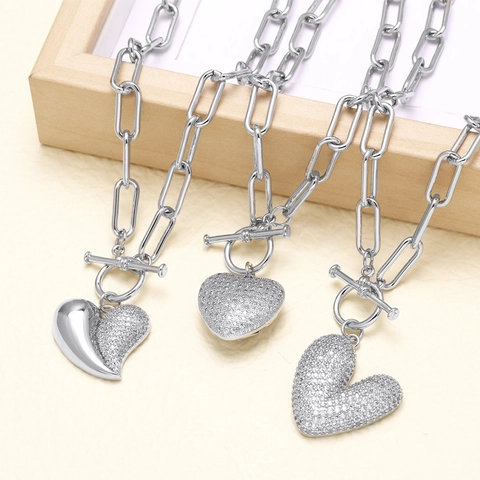 Fashion Copper Zirconia Heart Pendant Necklace For Women Silver Color Paperclip Chain Heart Toggle Clasp Necklace Jewelry
