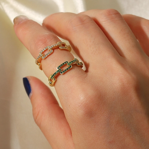 Women 18K Gold Plated Copper Chain Link Open Ring Adjustable Zircon Inlaid Niche Style Geometric Fashion Finger Jewelry