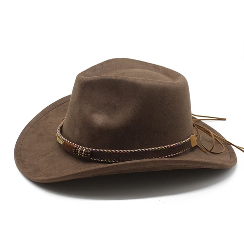 Western Cowboy Fedora Hoed Suède Brede Rand Vintage Jazz Pet Met Metalen Veer Gevlochten Band Voor Dames Heren Outdoor