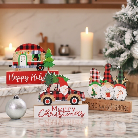 Décoration De Table Noël Ornement En Bois Gnome Carreau Vintage Voiture Camping-car Décor Bureau Fête Arrangement Maison