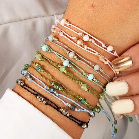 Layered Braided Rope Bracelet Faceted Crystal Gold Metal Beads Adjustable Bohemian Minimalist Handmade Jewelry Women