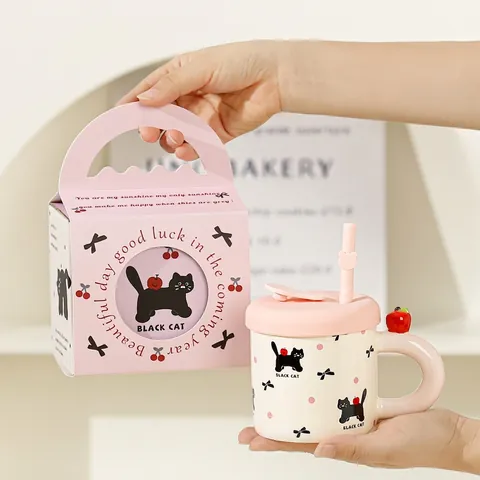 Kawaii Cartoon Black Cat Ceramic Mug With Pink Lid And Straw Cute Apple Handle Water Cup For Office Gift