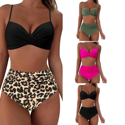 Damen Bikini Top Und Hohe Taille Hose Badeanzug Gerafft Twist Front Push Up Verstellbare Träger Polyester Strandmode