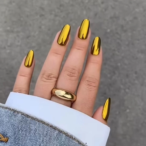 Faux Ongles Aurora Gold Metallic Press On Miroir Miroitement Ovales Ronds Couleur Unie Élégant Manucure DIY Pour Femmes