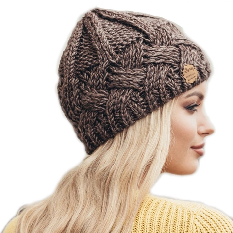 Retro Chunky Knit Beanie For Men Women Winter Warm Polyester Rhombus Grid Hat With Leather Patch Label Outdoor Beanie
