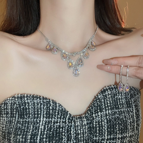 Collar Y Pendientes De Zircón Y Diamantes De Imitación Gota De Agua Cobre Color Plata Elegante Joyería De Fiesta Para Mujer