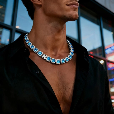 Hip Hop Iced Out Cuban Link Necklace Alloy Square Blue Cubic Zirconia Full Rhinestone Jewelry For Men Women