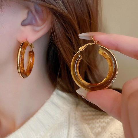 Geometric Resin Hoop Earrings With 925 Sterling Silver Earring Post Retro Gold Plated Marbled Vintage For Women